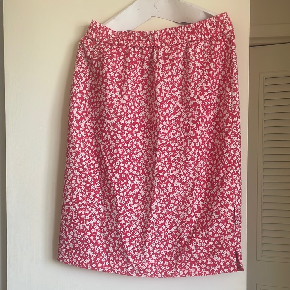 J. Crew Pink and White Smocked Pencil Skirt Knee-Length Casual